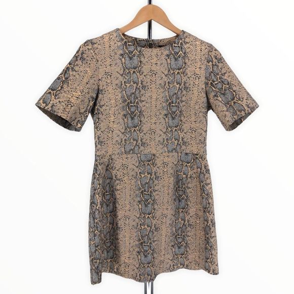 Topshop Tan Grey Snakeskin Print Mini Dress Metallic Gold Snake Minidress sz 8 - Picture 3 of 14